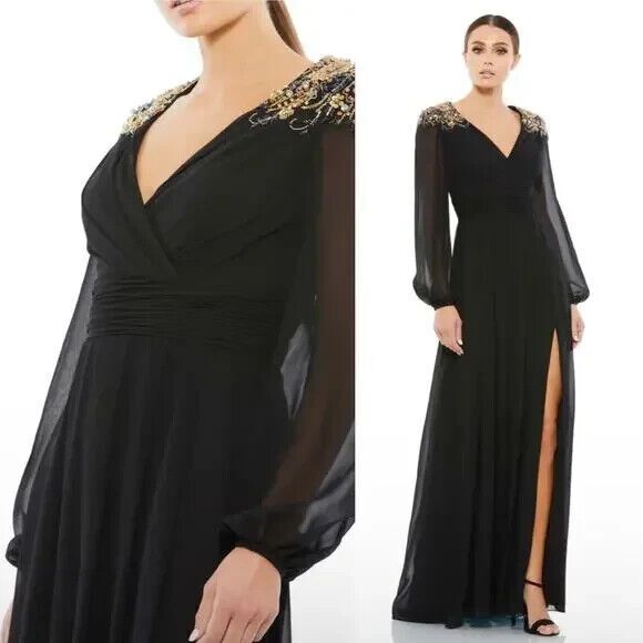 Mac Duggal 55694 Beaded Shoulder‎ Chiffon Gown Black Sz 8 NEW $498 - Picture 1 of 8